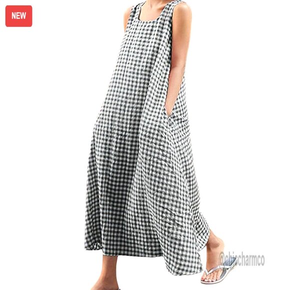 Dresses & Skirts - Loose-Fit Cotton Plaid Maxi Dress with Pockets, Sleeveless Boho Sundress